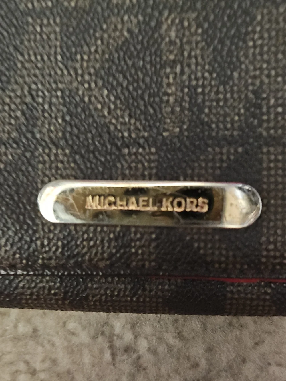 Michael Kors Black and Brown Signature Compact Wallet with Gold Plaque